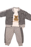 Children's outfit with houndstooth jacket and gray pants on a white background - Fashion Designer in Pune