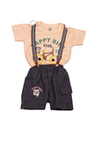 Children's outfit with pink t-shirt and black shorts with suspenders on a white background - Fashion designer in pune