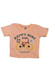 Peach-colored t-shirt with 'Happy Bike Club' graphic on a white - Fashion designer in punebackground