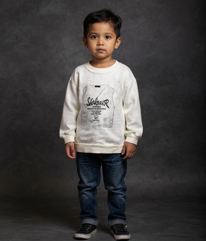 Child wearing a white sweatshirt with text and blue jeans on a dark background by fashion designers in pune