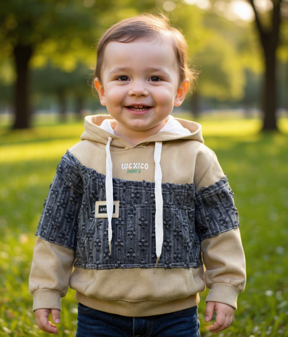 Child wearing a hoodie with 'Mexico' text in a park setting