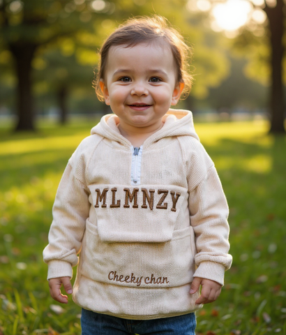 Child wearing a cream hoodie with text in a park by aura fashionista